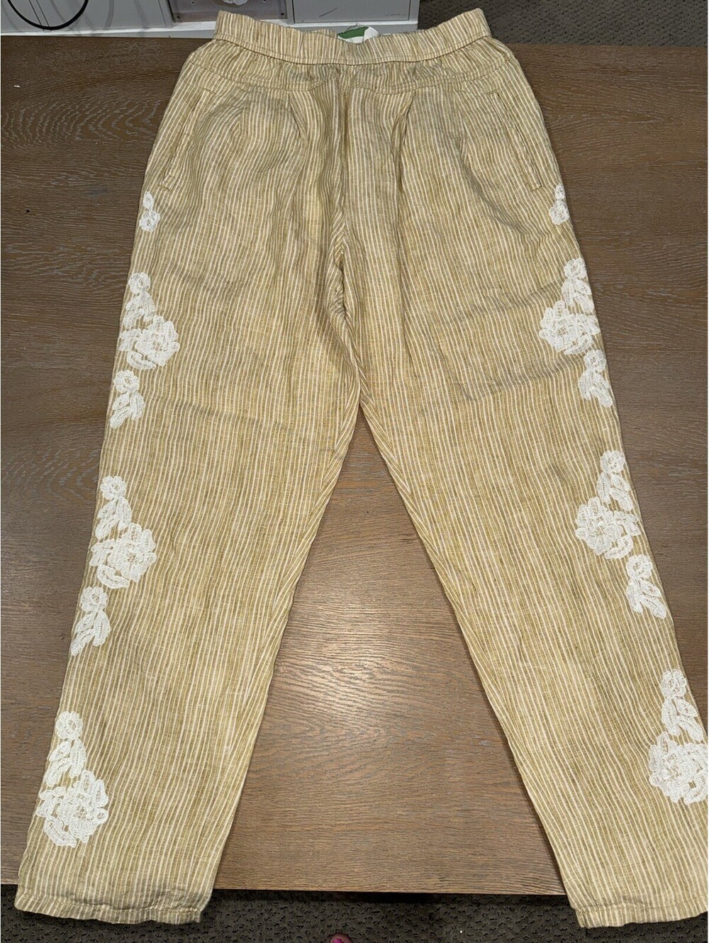 Anthropologie Linen Yellow Striped Pants 26.5" Embroidered SIZE XS Beach Summer
